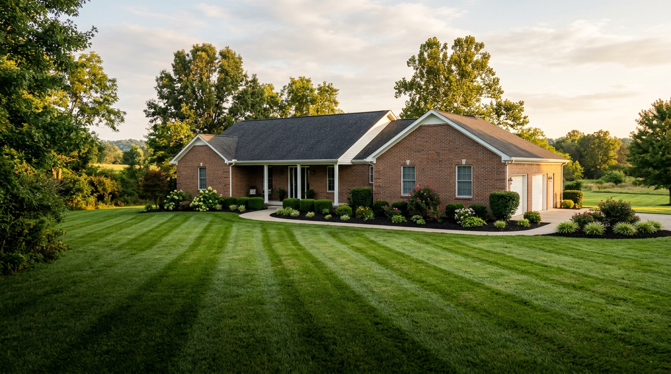 Freshly striped lawn in front of a brick ranch house