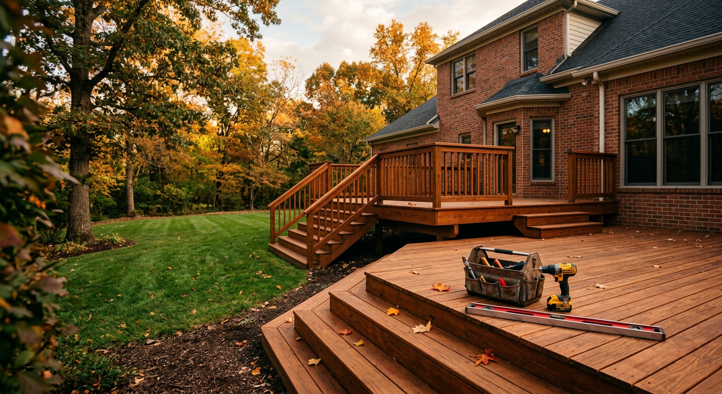 Repaired and freshly stained deck and stairs on a brick home in Lexington, KY in autumn