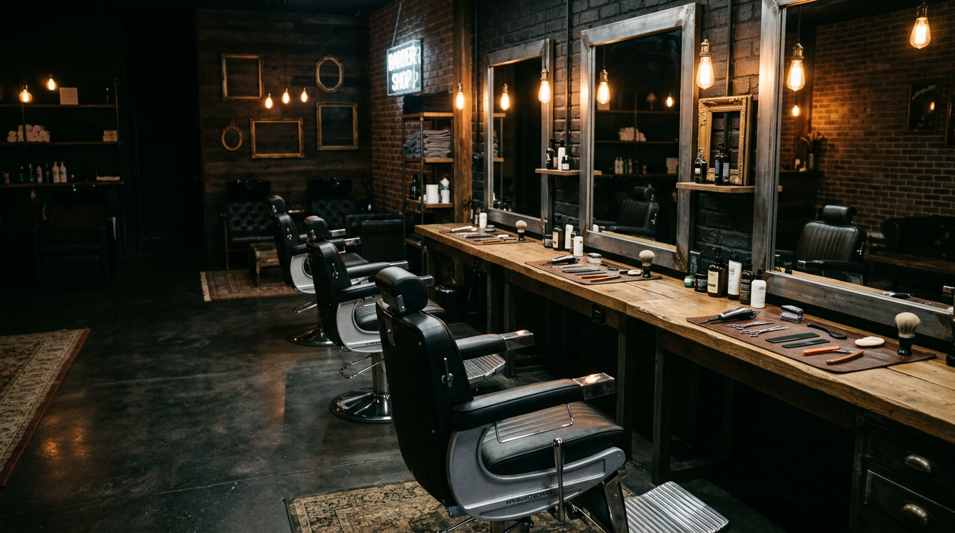Inside Smoove Cutz: barber chairs under warm, low light
